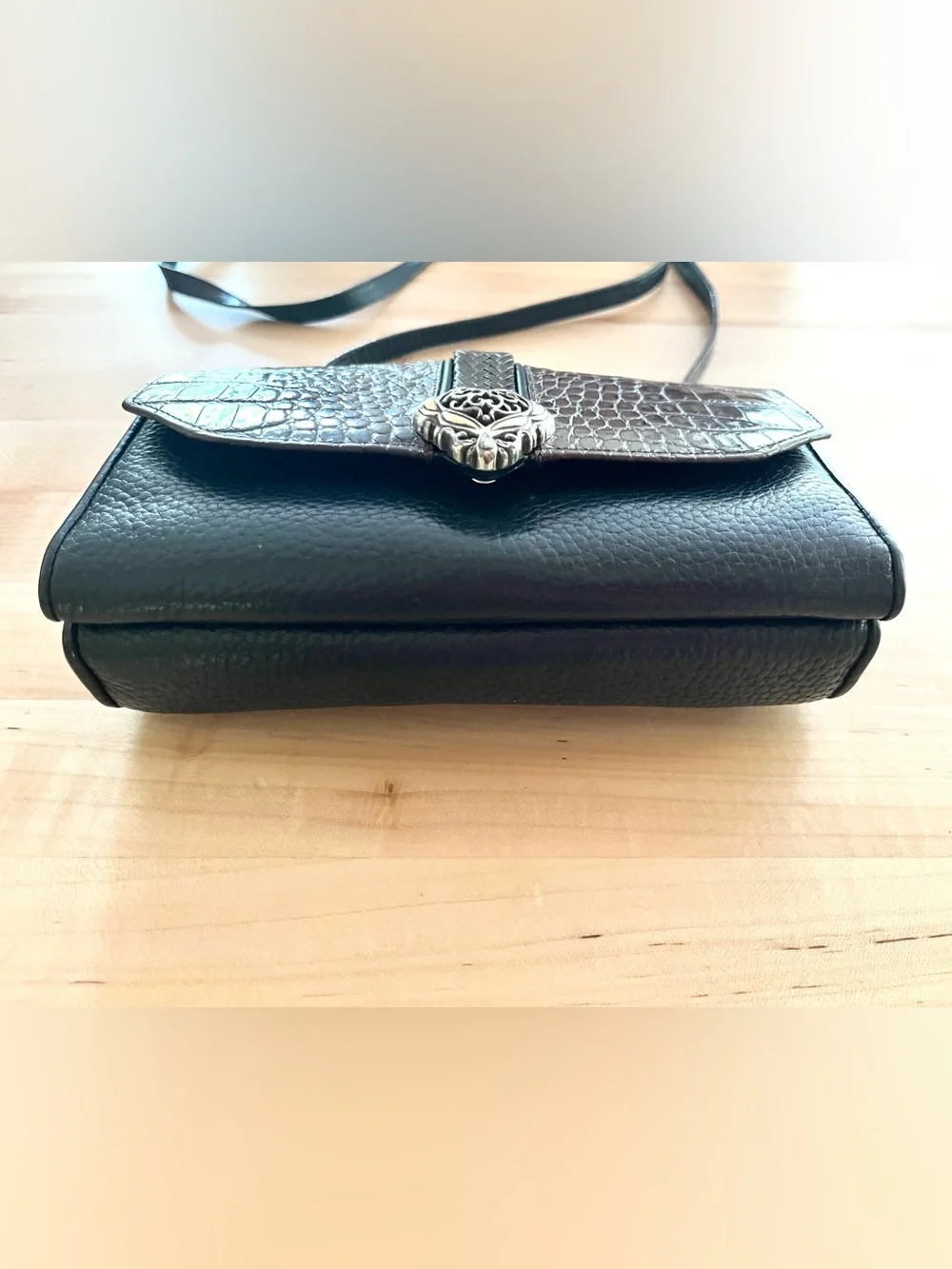 Brighton Nepal Organizer Black and Brown Croc-Textured Crossbody Bag